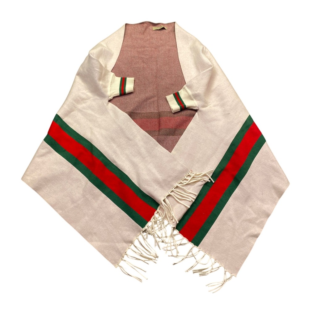 Burberry London England Reversible Poncho Cape Cream Red Green Stripe